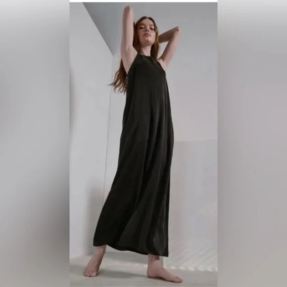 Lunya Washable Silk Racer Maxi Dress Navy Blue Deep V-Back Slit Minimalist L/XL - Picture 2 of 15